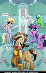 Size: 600x948 | Tagged: safe, alternate version, artist:marybellamy, derpy hooves, doctor whooves, time turner, twilight sparkle, oc, oc:apple boom, alicorn, earth pony, pegasus, pony, g4, clothes, commission, crossover, cute, cutie mark, dialogue, doctor who, doctor whooves gets all the assistants, female, fourth doctor's scarf, group, male, mare, obtrusive watermark, quartet, raised eyebrow, raised hoof, scarf, speech bubble, stallion, striped scarf, tardis, tardis console room, tardis control room, the doctor, twilight sparkle (alicorn), watermark