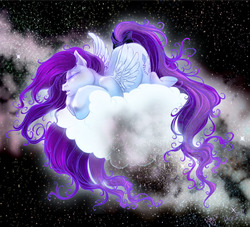 Size: 700x635 | Tagged: safe, artist:impia-dea, oc, oc only, pegasus, pony, g1, bow, cloud, collaboration, cutie mark, eyes closed, female, gift art, long hair, mare, sleeping, solo, space, spread wings, stars, tail bow, wings
