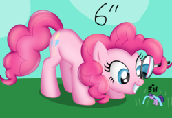 Size: 1024x706 | Tagged: safe, pinkie pie, twilight sparkle, earth pony, pony, unicorn, g4, 5'11" vs 6'0", crying, eyes closed, female, frown, grin, height supremacy, looking at something, looking down, magnifying glass, manlet, mare, marelet, meme, micro, ocular gushers, open mouth, smiling, squee, unicorn twilight, wat