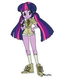 Size: 1500x1820 | Tagged: safe, artist:nebychko, part of a set, twilight sparkle, equestria girls, g4, alternate hairstyle, boots, clothes, female, khaki, pigtails, shoes, shorts, simple background, socks, solo, twigtails, twilight sparkle (alicorn), twintails, white background