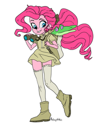 Size: 1500x1820 | Tagged: safe, artist:nebychko, part of a set, gummy, pinkie pie, equestria girls, g4, alternate hairstyle, binoculars, boots, clothes, dress, female, khaki, shoes, simple background, socks, solo, thigh highs, thigh socks, white background