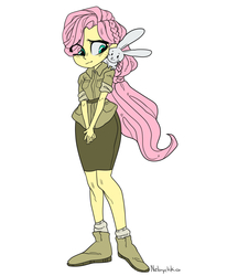 Size: 1500x1820 | Tagged: safe, artist:nebychko, part of a set, angel bunny, fluttershy, equestria girls, g4, alternate hairstyle, boots, braid, clothes, khaki, shoes, simple background, skirt, socks, white background