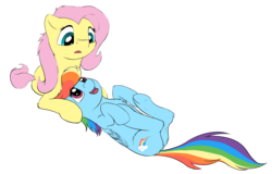 Size: 2206x1411 | Tagged: safe, artist:shaliwolf, fluttershy, rainbow dash, pegasus, pony, g4, chest fluff, duo, female, folded wings, lesbian, looking at each other, mare, on back, open mouth, prone, ship:flutterdash, shipping, simple background, smiling, surprised, transparent background, wings