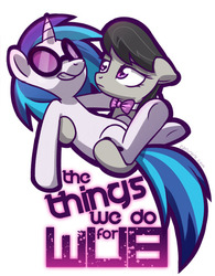 Size: 500x641 | Tagged: safe, artist:naroclie, dj pon-3, octavia melody, vinyl scratch, earth pony, pony, unicorn, g4, 10cc, carrying, female, holding a pony, lesbian, mare, ship:scratchtavia, shipping, simple background, song reference, the things we do for love, white background