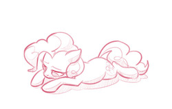 Size: 500x317 | Tagged: safe, artist:naroclie, pinkie pie, earth pony, pony, g4, black and white, female, grayscale, lidded eyes, lying down, mare, monochrome, sad, simple background, solo, white background