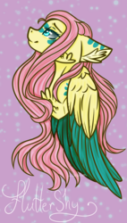 Size: 850x1499 | Tagged: safe, artist:hhanimal, fluttershy, pegasus, pony, g4, bust, cheek fluff, chest fluff, colored wings, ear fluff, face paint, female, folded wings, looking up, mare, name, profile, smiling, solo, wings