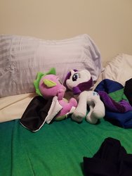 Size: 4032x3024 | Tagged: safe, rarity, spike, dragon, pony, unicorn, g4, bed, duo, female, irl, male, photo, plushie, ship:sparity, shipping, straight