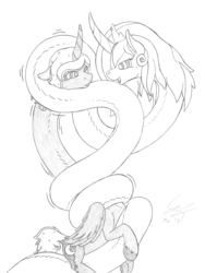 Size: 1744x2316 | Tagged: safe, artist:perpendicular white, princess celestia, princess luna, original species, rokurokubi, youkai, g4, coils, hypnosis, hypnotized, impossibly long neck, kaa eyes, lifting, looking at each other, monochrome, princess luneck, princess necklestia, sketch, stretching, transformation, wrapped up