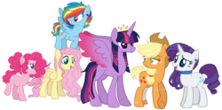 Size: 5987x2967 | Tagged: safe, artist:zipverse, applejack, fluttershy, pinkie pie, rainbow dash, rarity, twilight sparkle, alicorn, pony, g4, alternate hairstyle, base used, colored wings, colored wingtips, crown, jewelry, mane six, new crown, older, regalia, scar, twilight sparkle (alicorn), ultimate twilight