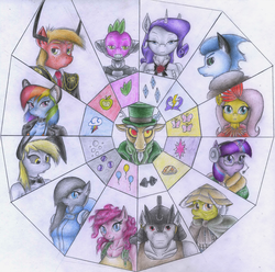 Size: 2293x2278 | Tagged: safe, artist:sinaherib, big macintosh, bulk biceps, discord, doctor whooves, fluttershy, granny smith, marble pie, pinkie pie, rainbow dash, rarity, soarin', spike, time turner, twilight sparkle, earth pony, anthro, g4, armor, clothes, crossover, high res, juuni taisen, traditional art, war of zodiac