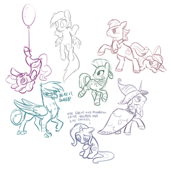 Size: 800x801 | Tagged: safe, artist:naroclie, applejack, big macintosh, derpy hooves, gilda, pinkie pie, trixie, zecora, earth pony, griffon, pegasus, pony, unicorn, zebra, g4, balloon, dialogue, dweeb, female, floating, looking down, male, mare, quadrupedal, sad, simple background, stallion, then watch her balloons lift her up to the sky, white background