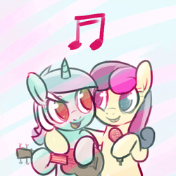 Size: 400x400 | Tagged: safe, artist:naroclie, bon bon, lyra heartstrings, sweetie drops, earth pony, pony, unicorn, g4, cheek fluff, cheek squish, cheek to cheek, female, mare, microphone, music notes, musical instrument, smiling, squishy cheeks, ukulele