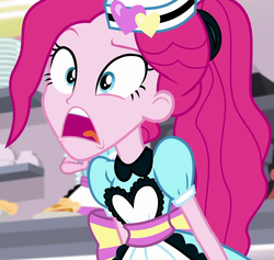 Size: 1136x1077 | Tagged: safe, screencap, pinkie pie, equestria girls, five stars, g4, my little pony equestria girls: better together, apron, clothes, cropped, gasp, open mouth, server pinkie pie, shocked, shop