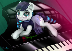 Size: 6000x4250 | Tagged: safe, artist:darksly, coloratura, earth pony, pony, g4, clothes, cute, dress, female, flower, looking at you, mare, musical instrument, piano, rara, rose, smiling, solo