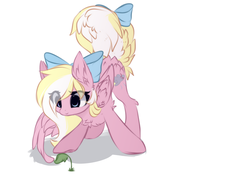 Size: 1492x1059 | Tagged: dead source, safe, artist:php146, oc, oc only, oc:bay breeze, pegasus, pony, bow, chest fluff, cute, eye clipping through hair, female, hair bow, mare, plant, simple background, smiling, solo, tail bow, white background