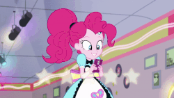 Size: 800x450 | Tagged: safe, screencap, pinkie pie, equestria girls, five stars, g4, my little pony equestria girls: better together, >:d, animated, cellphone, customer rating, female, happiness, happy, open mouth, phone, photo, ponytail, server pinkie pie, smiling, solo, sweet snacks cafe, triumph, victory, waitress