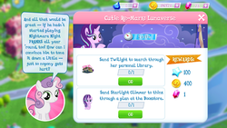 Size: 1280x720 | Tagged: safe, gameloft, starlight glimmer, sweetie belle, pony, unicorn, g4, the cutie re-mark, female, filly, gem, implied twilight sparkle, mare
