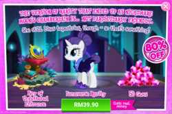 Size: 1043x694 | Tagged: safe, gameloft, rarity, pony, g4, the cutie re-mark, advertisement, alternate timeline, costs real money, gem, introduction card, night maid rarity, nightmare takeover timeline, sale, smiling, solo, when she smiles