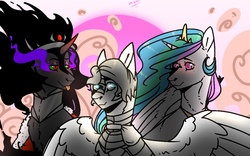 Size: 1181x737 | Tagged: safe, king sombra, princess celestia, oc, oc:light knight, alicorn, pegasus, pony, unicorn, g4, :p, female, male, mare, queen umbra, rule 63, tongue out, trio