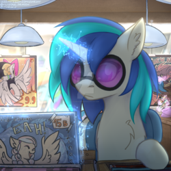 Size: 1600x1600 | Tagged: safe, artist:sinrinf, dj pon-3, rainbow dash, songbird serenade, vinyl scratch, oc, pony, unicorn, g4, my little pony: the movie, deviantart watermark, glasses, magic, obtrusive watermark, poster, watermark