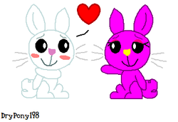 Size: 368x251 | Tagged: safe, artist:drypony198, angel bunny, oc, oc:rosie bunny, rabbit, g4, blushing, female, floating heart, heart, male, rosel, straight