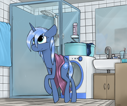 Size: 1337x1117 | Tagged: safe, artist:sinrar, oc, oc only, oc:double colon, pony, unicorn, commission, female, mare, mirror, raised hoof, shower, solo, towel, wet mane