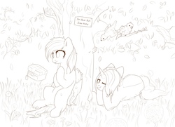 Size: 2560x1852 | Tagged: dead source, safe, artist:laymy, oc, oc only, oc:marka, oc:recky rich, bird, pegasus, pony, unicorn, bedroom eyes, cyrillic, grammar error, lying down, nature, present, shipping, sign, sketch, tree