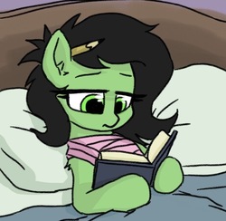 Size: 461x450 | Tagged: safe, artist:plunger, oc, oc only, oc:filly anon, earth pony, pony, bandaged chest, bed, bedroom, book, comfy, female, filly, implied injury, pencil, pencil behind ear, pillow, reading, solo, spoilers for another series