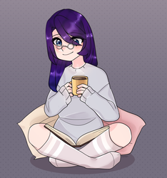 Size: 2340x2503 | Tagged: source needed, useless source url, safe, artist:ketish, oc, oc only, oc:nightcoll bloom, human, book, clothes, glasses, high res, humanized, humanized oc, kneesocks, socks, solo, stocking feet, sweater