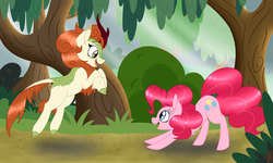 Size: 1280x769 | Tagged: safe, artist:dippin-dott, artist:dippindott, autumn blaze, pinkie pie, earth pony, kirin, pony, g4, sounds of silence, awwtumn blaze, cute, diapinkes, duo, ear fluff, female, happy, jumping, looking at each other, looking at someone, mare, open mouth, open smile, smiling, smiling at each other, this will end in fun, tree, watermark