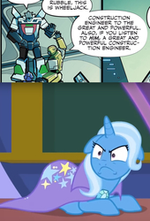 Size: 950x1398 | Tagged: safe, edit, edited screencap, screencap, trixie, a matter of principals, g4, season 8, bumblebee (transformers), crossover, great and powerful, idw transformers, rubble, spoilers for another series, there can be only one, transformers, trixie is not amused, unamused, wheeljack, wrong franchise