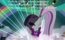 Size: 1053x648 | Tagged: safe, edit, edited screencap, editor:korora, screencap, coloratura, limelight, smooth move, spectrum shades, turbo bass, g4, the mane attraction, background dancers, catchy song, countess coloratura, cropped, lego, lyrics, song reference, spoilers for another series, text, the lego movie 2: the second part, this song's gonna get stuck inside your head, veil