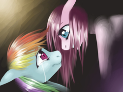 Size: 4133x3070 | Tagged: artist needed, safe, pinkie pie, rainbow dash, earth pony, pegasus, pony, fanfic:cupcakes, g4, crying, duo, duo female, female, looking at each other, mare