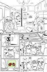 Size: 1280x1954 | Tagged: safe, artist:shinodage, oc, oc only, oc:apogee, oc:delta vee, pegasus, pony, boop o' roops, breakfast, cider, comic, detailed background, dialogue, female, filly, freckles, frog (hoof), fruit loops, hoof hold, kitchen, mare, monochrome, mother and daughter, partial color, potato pony, television, underhoof