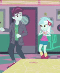 Size: 269x331 | Tagged: safe, screencap, lyra heartstrings, pinkie pie, track starr, equestria girls, equestria girls series, five stars, g4, spoiler:eqg series (season 2), animated, background human, clothes, dancing, female, gif, humans standing next to each other, male, pants, server pinkie pie, sweet snacks cafe