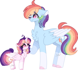 Size: 1280x1141 | Tagged: dead source, safe, artist:moon-rose-rosie, rainbow dash, oc, oc:celestial moon, alicorn, pony, g4, chest fluff, duo, magical lesbian spawn, offspring, one eye closed, parent:rainbow dash, parent:twilight sparkle, parents:twidash, rainbow blitz, rule 63, simple background, size difference, transparent background, wink