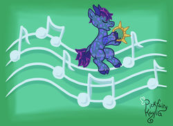 Size: 1024x745 | Tagged: safe, artist:pickfairy, oc, oc only, oc:comet, crystal pony, deer pony, hybrid, original species, pony, cloven hooves, lyre, male, music notes, musical instrument, solo, stallion