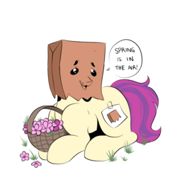 Size: 1000x1000 | Tagged: safe, artist:kefico, oc, oc:paper bag, earth pony, pony, basket, cute, dialogue, fake cutie mark, female, flower, grass, mare, paper bag, simple background, transparent background