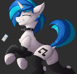 Size: 964x926 | Tagged: safe, artist:capseys, dj pon-3, vinyl scratch, pony, unicorn, g4, blue background, butt, chest fluff, clothes, collar, dock, dock piercing, ear fluff, eyes closed, featureless crotch, female, frog (hoof), headphones, heart, hoof heart, latex, latex socks, leg warmers, mare, mp3 player, music, music player, piercing, plot, profile, raised tail, shoulder fluff, simple background, smiling, socks, solo, tail, underhoof