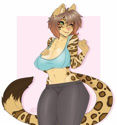 Size: 1200x1280 | Tagged: safe, artist:queen_bee, oc, oc only, oc:jasmine marmalade, abyssinian, anthro, abyssinian oc, anthro oc, baker, bengal, bra, breasts, clothes, crop top bra, feline, fit, hips, pale belly, pants, ranchtown, slender, soft, sports bra, thick, thin, underwear, yoga pants