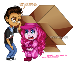 Size: 3500x3000 | Tagged: safe, artist:seishinann, pinkie pie, oc, oc:copper plume, equestria girls, g4, camouflage, canon x oc, cardboard box, chibi, clothes, commission, commissioner:imperfectxiii, copperpie, dialogue, female, freckles, glasses, hiding, high res, male, neckerchief, pants, pink, pinkie spy, reference, shirt, shoes, simple background, sitting, sneakers, solid snake, straight, transparent background, watermark