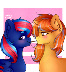 Size: 2200x2400 | Tagged: safe, artist:sakuro24, oc, oc only, oc:centreus feathers, oc:cinderheart, dracony, hybrid, pony, unicorn, blushing, commission, cute, ear fluff, female, food, golden eyes, heart eyes, high res, horn, lesbian, mare, oc x oc, pocky, sharing food, shipping, simple background, thick eyebrows, wingding eyes, wings, ych result