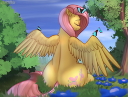 Size: 1600x1216 | Tagged: safe, artist:mercurial64, fluttershy, butterfly, pegasus, pony, g4, both cutie marks, bush, butt, cute, eyes closed, female, flower, flutterbutt, grass, mare, plot, shyabetes, sitting, smiling, solo, spread wings, tree, wings