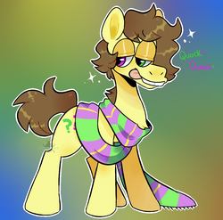 Size: 1035x1024 | Tagged: safe, artist:incubugs, oc, oc only, oc:ducky, earth pony, pony, clothes, colored background, heterochromia, male, scarf, solo, tooth gap