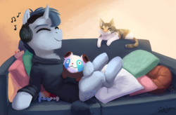 Size: 2121x1389 | Tagged: safe, artist:pucksterv, rainbow dash, oc, oc:slumber tea, oc:tesseract, cat, g4, clothes, commission, couch, cute, happy, headphones, hoodie, male, metal upa, music, pillow, plushie, rubber duck, steins;gate, upa