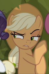 Size: 590x882 | Tagged: safe, screencap, mean applejack, pony, g4, the mean 6, clone, cropped, female, lidded eyes, offscreen character, raised eyebrow, shadow, solo focus, whispering