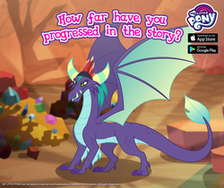 Size: 940x788 | Tagged: safe, gameloft, gaius, dragon, g4, my little pony: magic princess, official, advertisement, dragon crown, dragon lord, facebook, gem, google play, looking at you, male, open mouth, spread wings, text, trap, wings