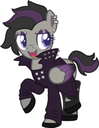 Size: 1428x1839 | Tagged: safe, artist:elizadoesadopts, oc, oc only, oc:wind rocker, pegasus, pony, bedroom eyes, clothes, ear piercing, earring, eyeshadow, female, hoof shoes, jacket, jewelry, leather jacket, makeup, mare, open mouth, piercing, raised hoof, shoes, simple background, skull, socks, solo, stockings, thigh highs, torn clothes, transparent background