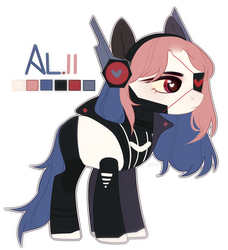 Size: 1255x1375 | Tagged: safe, artist:riiighter, oc, oc only, oc:al.ii, cyborg, earth pony, pony, armor, clothes, cyberpunk, eyepatch, female, headphones, heart, heart eyes, jacket, mare, multicolored hair, reference sheet, simple background, solo, white background, wingding eyes