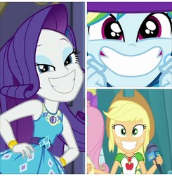 Size: 720x736 | Tagged: safe, screencap, applejack, rainbow dash, rarity, best in show: the pre-show, equestria girls, equestria girls series, g4, sic skateboard, street chic, spoiler:eqg series (season 2), applejack's hat, big smile, cowboy hat, epic smile, eyeshadow, faic, female, geode of shielding, geode of super strength, happy, hat, lidded eyes, magical geodes, makeup, microphone, rainbow dash is best facemaker, shit eating grin, smiling, trio, trio female, wide smile